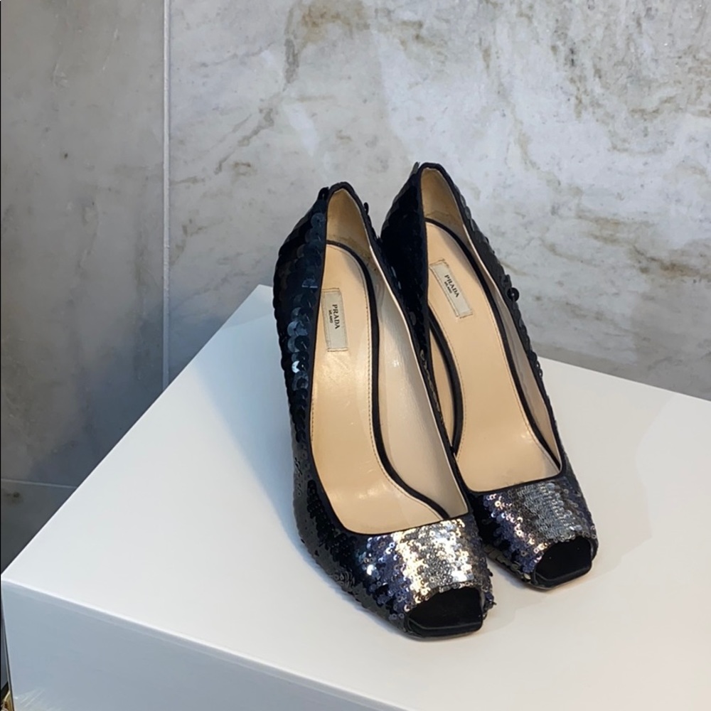 Prada shoes with black sequins and silver color
